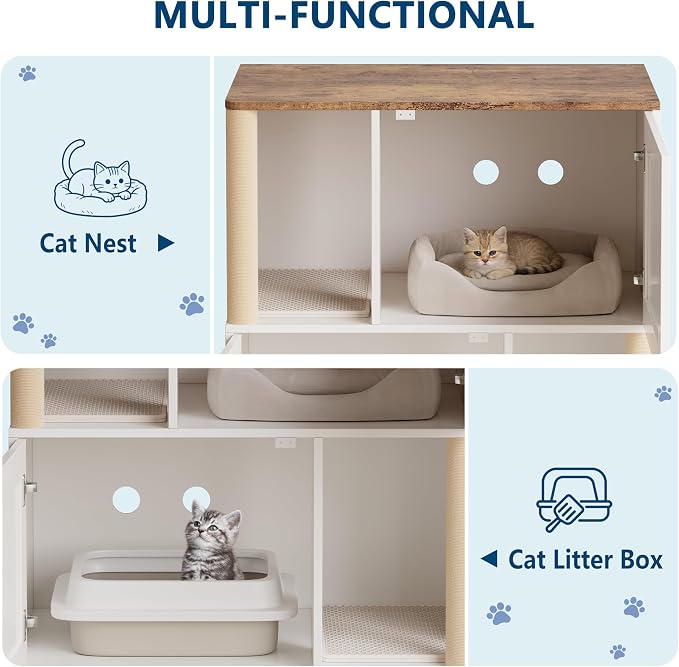 Cat Litter Box Enclosure, Two-Story Wooden Hidden Litter Box Furniture with Scratching Post, Multi-Level Cat Washroom Cabinet for 2 Cats, Reinforced Wood Frame & Ventilated Design for Small Apartment