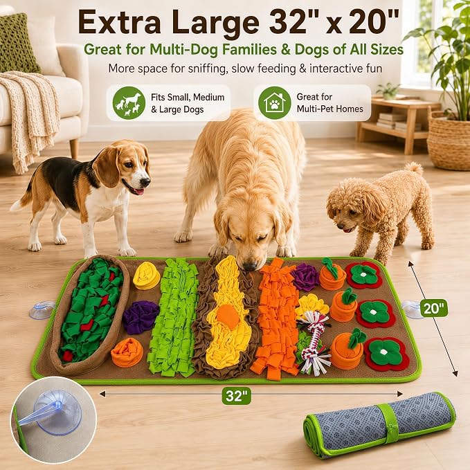 Snuffle Mat for Dogs – Extra Large 32'' x 20'', Washable Slow Feeder Dog Toy, Durable Interactive Dog Puzzle for Mental Stimulation & Nosework Training, with Anti-Slip Suction Cups