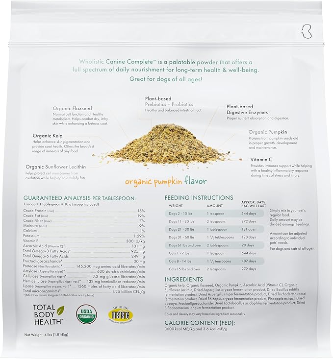 Wholistic Pet Organics Canine Complete - Dog Multivitamin Powder - 4 Lb - Daily Dog Vitamins and Supplements for Homemade Food - Immune System, Skin, Coat & Overall Health - All Breeds - 180 Scoops