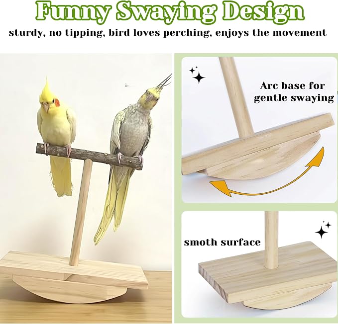 Natural Wood Bird Spinner & Perch Set (2PCS) - Chewing Hanging Toys with Bells & Training Stand for Cockatiel, Conure, Lovebird, Budgie, Quaker - Puzzle Enrichment