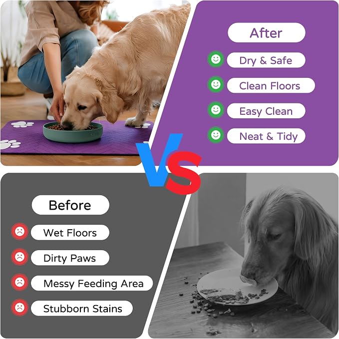 Pet Feeding Mat-Absorbent Dog Feeding Mat for Food and Water Bowl,No Stains Pet Placemat,Quick Drying Water Dispenser Mat for Dog and Cat,Easy to Clean Dog Accessories(L,Purple)