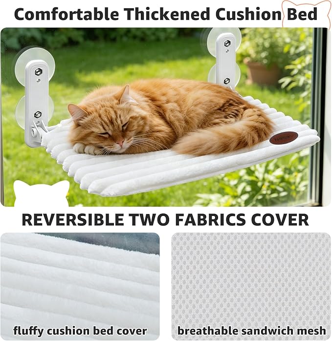 Woochpet Cat Window Perch Bed,Foldable Kitty Windowsill Hammock Shelf Seat,Kitten Window Sill Lounger with Soft Rabbit Fur Cover Cushion Machine Washable,Solid Metal Frame and Strong Suction Cups