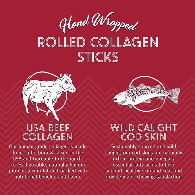 Icelandic+ Rolled Collagen Stick: Beef & Cod Skin - 8" Dog Crew Treat, Hand-Wrapped Fish, 2 Ingredient Pet Snacks, Dental Health, Rawhide Alternative