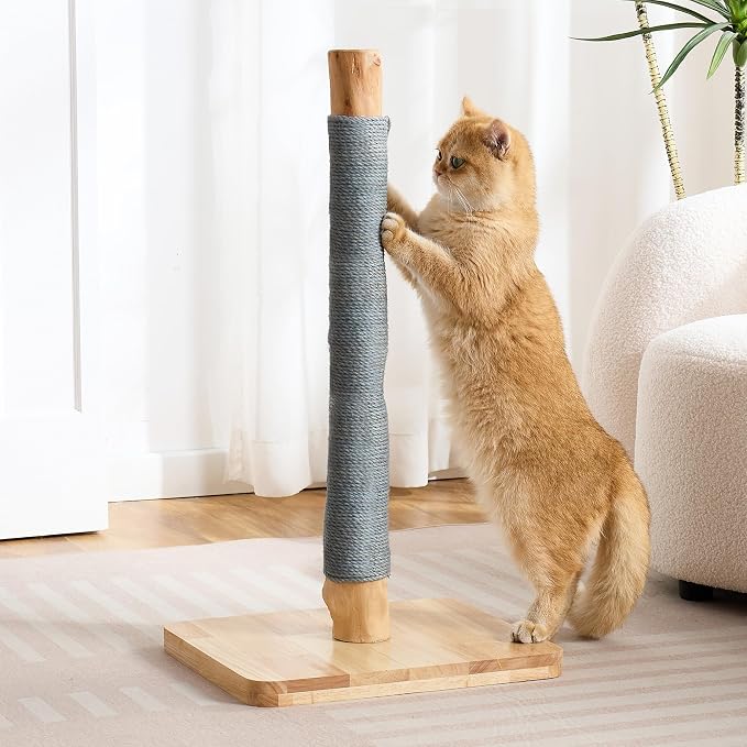 29" Tall Solid Wood Cat Scratching Post for Indoor Cats, Extra Stable Heavy Base, Natural Sisal Scratcher with Hanging Ball, Furniture Protector for Kittens & Adult Cats, Grey