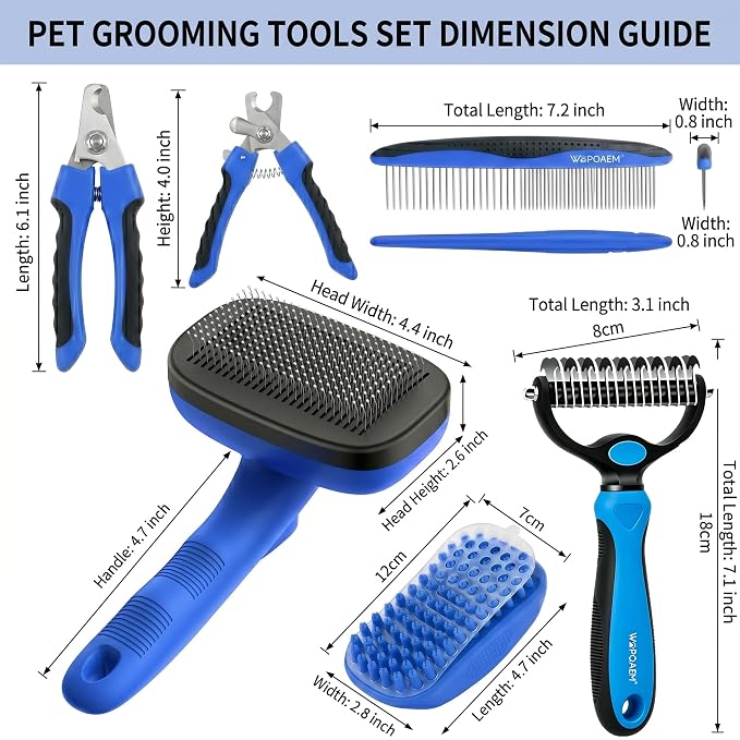 Self Cleaning Slicker Brush for Dog - 5 PCS Dog Brush Grooming Kit,Undercoat Rake Brush Comb for Small Large Dogs Cats, Dog Hair Brush Set, Grooming Deshedding at Home or Travel, Blue