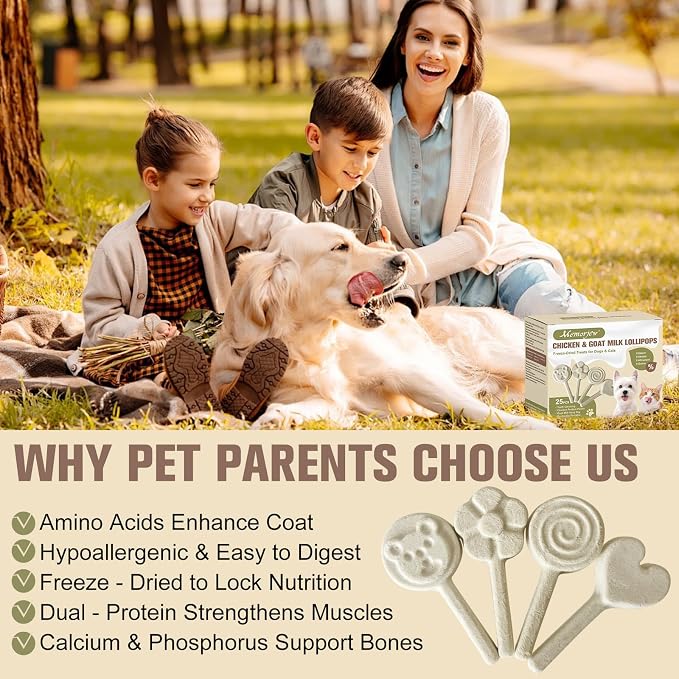 Memorjew 25PCS Chicken & Goat Milk Freeze- Dried Lollipops｜Individually Wrapped, Portable Dental Food for Dogs & Cats (Goat Milk Flavor, 25pcs)