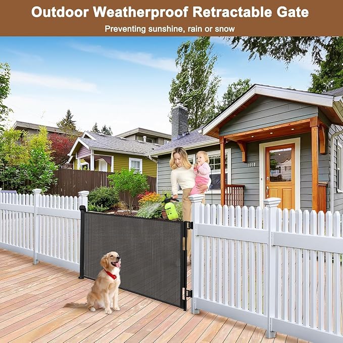 Weatherproof Outdoor Retractable Baby Gates for Decks with No Rust Screws and Rods, 72" Wide Waterproof Outdoor Baby Gate, 6 ft Scratch-Resistant Mesh Retractable Dog Gate for Parents and Pet Owners