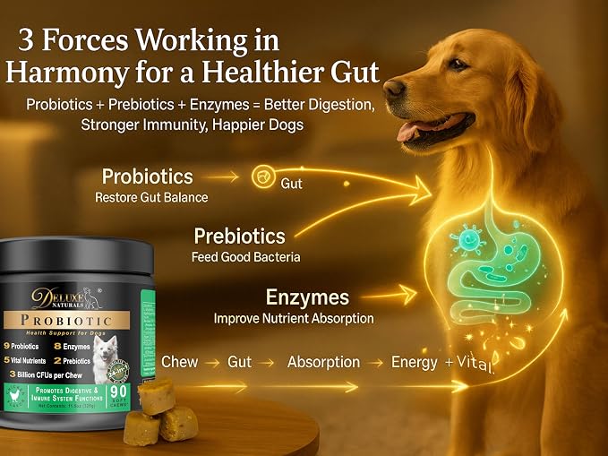Probiotic Soft Chews for Dogs – 90 Count – Digestive & Immune Support with 9 Probiotics, 8 Enzymes, 2 Prebiotics & 5 Vital Nutrients – Chicken Flavor