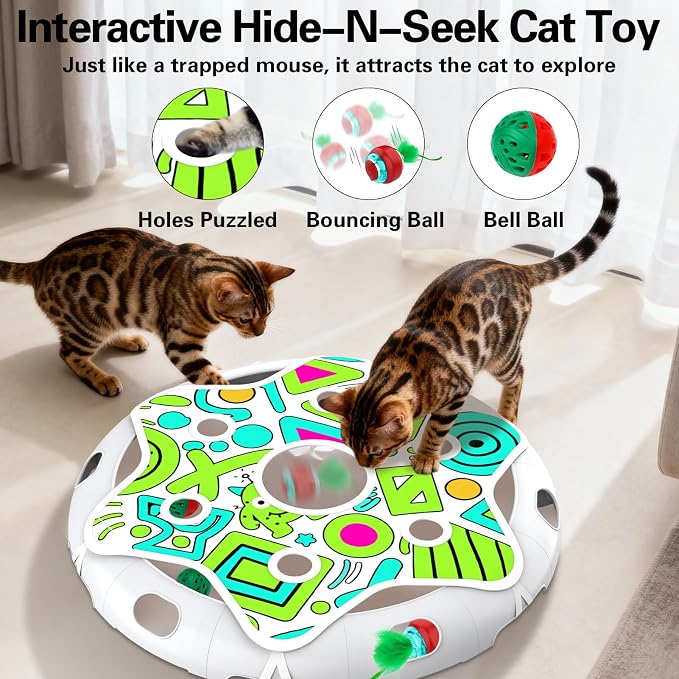 Sofolor Interactive Cat Toy Playset, Hide and Seek Toy with Motion Activate Cat Ball, 2 Kitten Toys Bell Ball, Exercise Toys for Indoor Bored Adult Cats