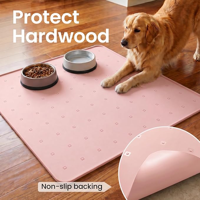 Silicone Pet Feeding Mat, 26x26 Inch Waterproof Dog Bowl Mat – Non-Slip, Machine Washable, Thin 0.28 Inch Edge for Messy Eaters, Protects Hardwood & Tile Floors, Pink