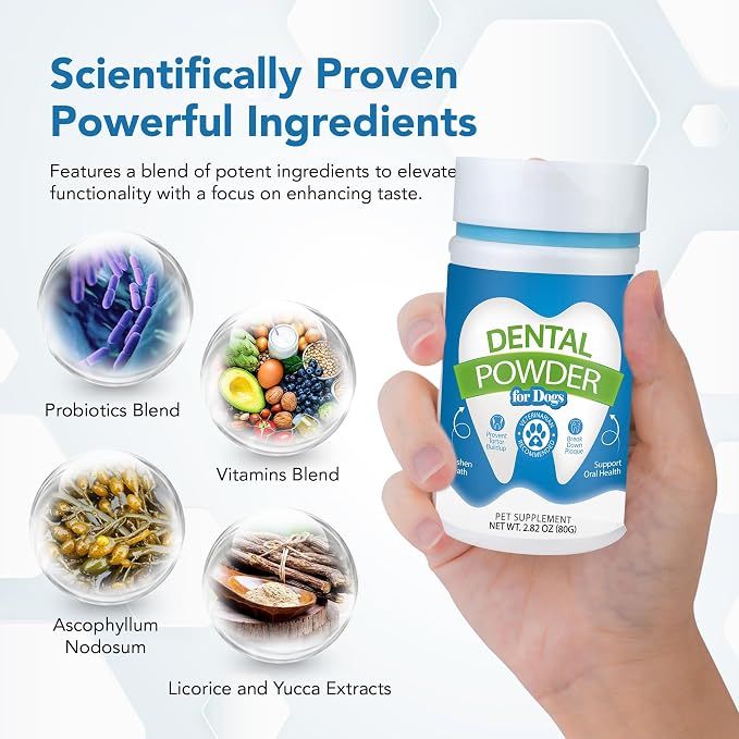 Dental Powder for Dogs - Plaque Control & Tartar Remover, Breath Freshener | Perio Support Powder for Dogs with Probiotics, Vitamins & Natural Extracts - 2.82 oz (80g)