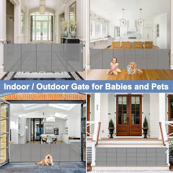 Reinforced 120 Inch Extra Large Baby Gate for Doorway, 33 Inch Tall Retractable Baby Gates Extra Wide, 10 Ft Mesh Gates for Kids and Pets, Outdoor Retractable Gate for dogs with Reinforced Strip, Gray