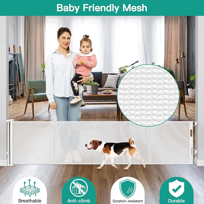 24 Inch Tall x 75 Inch Extra Wide Retractable Dog Gate for The House, Short Dog Gate to Step Over, Reinforced Mesh Puppy Gate for Doorways, Step Over Pet Gate for Stairs, Indoor/Outdoor, White