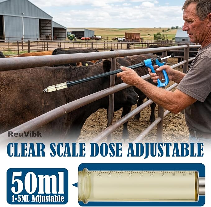 50 ML Livestock Iong Shot Pole Syringe, Cattle Syringe Gun | with Luer Lock 5 Gears Adjustable Continuous Repeating Veterinary Vaccine Injector for Cattle, Horses, Sheep & Pigs