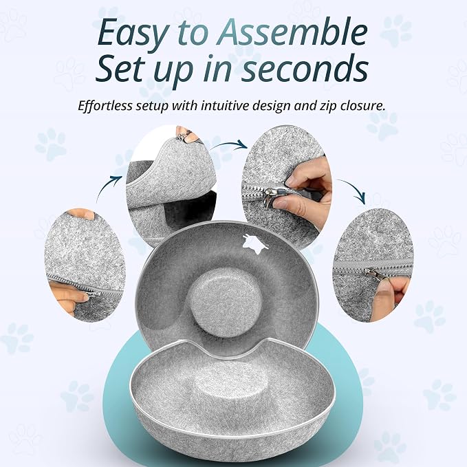MeowMates Peekaboo Cat Cave Donut Bed for Multiple Cats Upto 45lbs, 3-in-1 Large Cat Tunnel & Donut Bed Combo w Round Tunnel Scratcher for Indoor Cats, Hanging Toy, Washable & Detachable - Grey