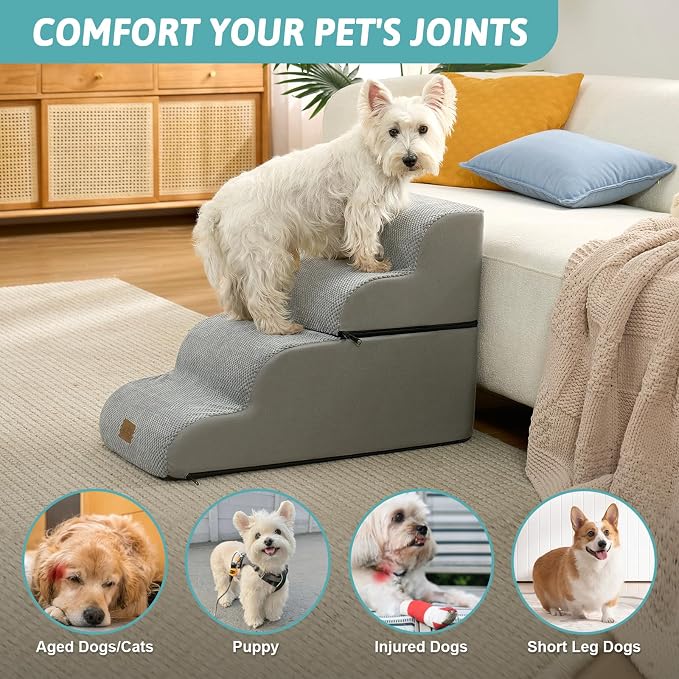 COZY KISS Detachable Curved Wide Dog Stairs 19.7" H, 4 Step Small Dog Step for Puppy or Older Cat, Ramp for Bed, Sofa, Couch or Chair, Ladder with High Density Foam, 17.7x28.3x19.7 inch, Grey