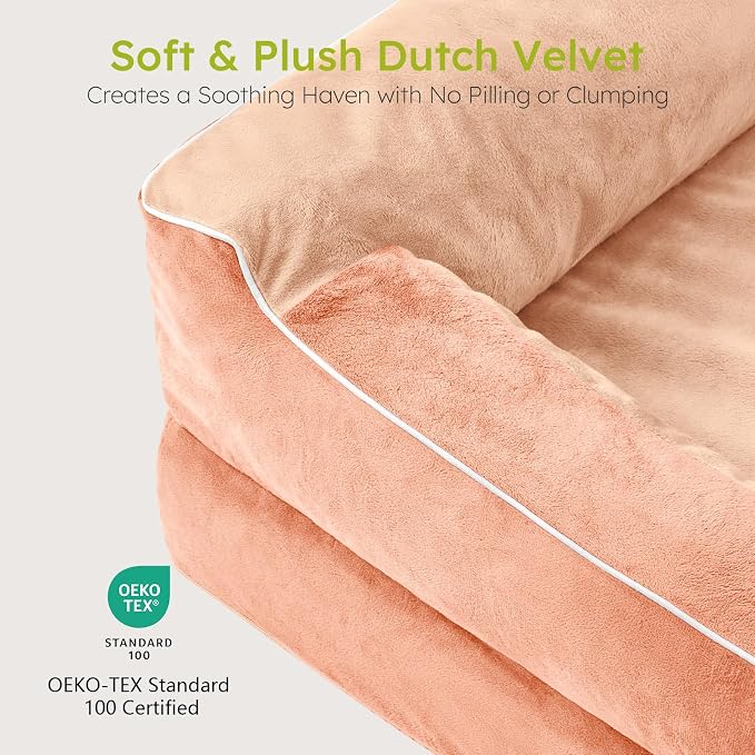 CWAWZ Extra Large Dog Bed, Orthopedic Dog Bed with Cooling Gel Memory Foam, Waterproof XL Pet Bed with Removable Washable Cover, 42" Pet Sofa Couch Dutch Velvet with Bone Toy, Peach Pink