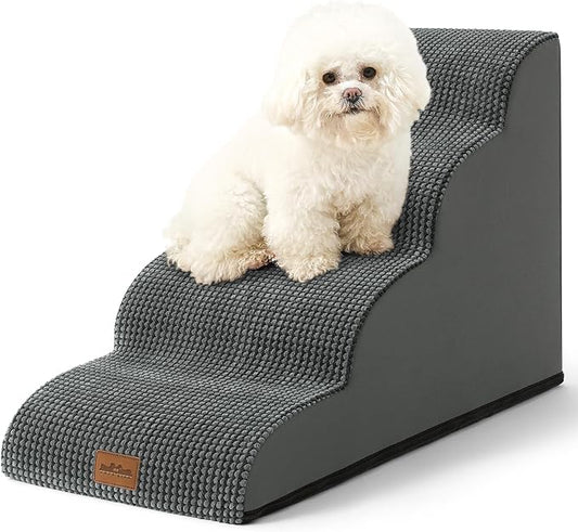COZY KISS Wide Dog Stairs for Small Dog 19.7" H, Pet Step for Puppy, Older Cat, Curved Ramp for Bed, Durable Anti-Slip Ladder with High Density Foam, 4 Step, 17.7x28x19.7 inch, Charcoal Grey
