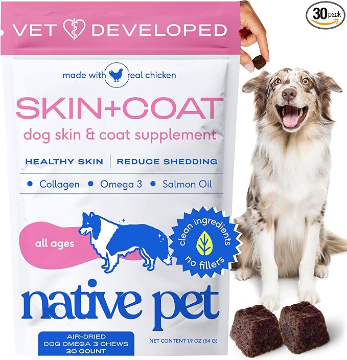 Native Pet Skin & Coat Chews - Omega 3 Fish Oil for Dogs Skin & Coat Supplement - Itch Relief, Shiny Fur & Shedding Support - Collagen, Hyaluronic Acid, Biotin, Probiotics & Salmon Oil - 30 Chews