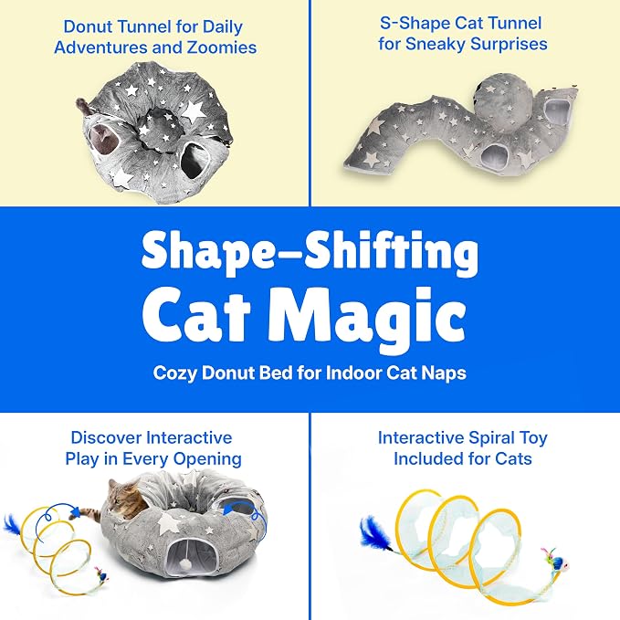 Cat Tunnel Bed for Indoor Cats | Plush Interactive Donut Tunnel, Peekaboo Holes, Shape-Shifting Design, Washable Cushion, For Small to Medium Pets