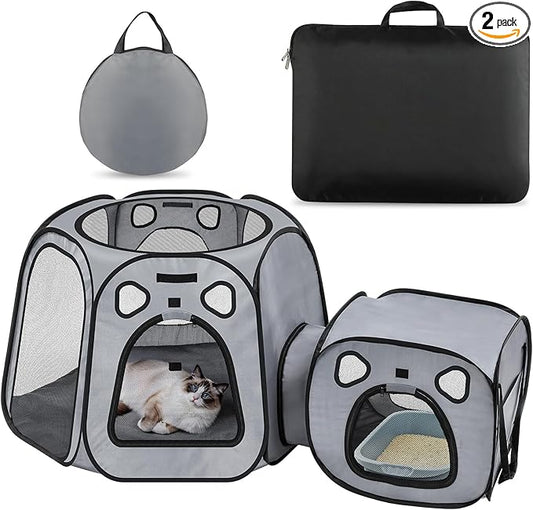 Cat Playpen with Separate Litter Box Area, Large Foldable Waterproof Cat Tent - 600D Oxford, Portable Indoor/Outdoor Pet Enclosure, Cage, House & Condos with Carrybag for Kittens, Small Dogs