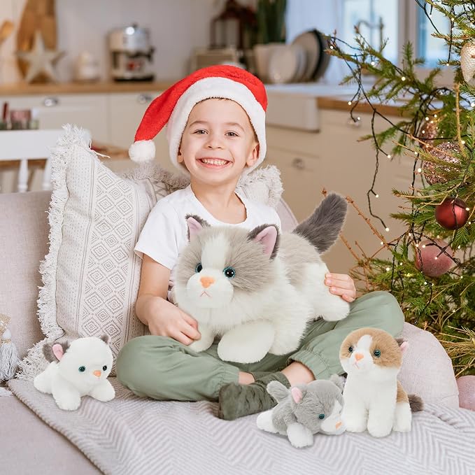 Tezituor Ragdoll Cat Stuffed Animals with Babies, 20 inch Large Realistic Stuffed Cat with 4 Cute Kittens, Soft White Ragdoll Cat Plush Pillow for Boys Girls
