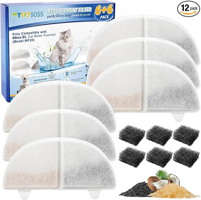 WF20/CF20 Cat Water Fountain Filter Replacement for Wireless Pumps Pet Fountain, 6 Pack Pet Filter Replacement with 6 Pack Water Pump Filters