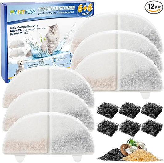 WF20/CF20 Cat Water Fountain Filter Replacement for Wireless Pumps Pet Fountain, 6 Pack Pet Filter Replacement with 6 Pack Water Pump Filters