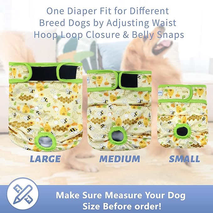 Leekalos Reusable Washable Dog Diapers Female (3 Pack) - Highly Absorbent Doggie Diapers - Size Adjustable Puppy Diapers for Dog Period Panties (Small, Honeybee)