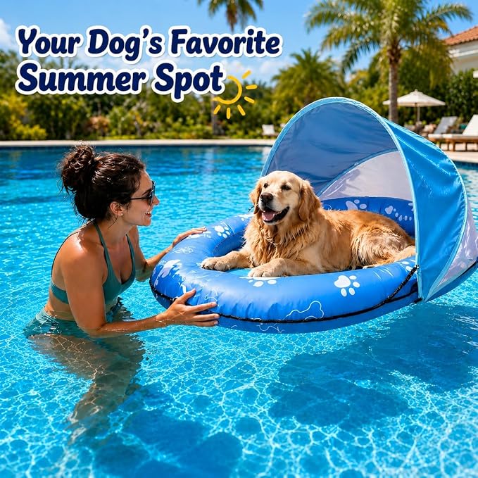 Dog Pool Float with Canopy - Heavy Duty 600D Oxford Anti-Tear Dog Raft, UPF 50+ Removable Sun Shade Inflatable Dog Float for Small, Medium & Large Dogs, Water Summer Toy for Lake & Pool, 55" x 35"
