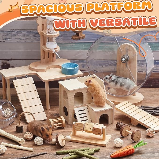 40 Pcs Hamster Cage Accessories, 9.5'' Exercise Wheel, Wood Platform Hideout House, Water Bottle, Sand Bath, Bowl, Chew Toys for Syrian Hamsters Mice Gerbils Habitat Decor(Interactive Style)