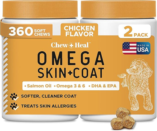 Omega 3 Fish Oil for Dogs -360 Soft Chew Omega Treats for Skin and Coat -Salmon Oil Blend of Essential Fatty Acids, Vitamins, Antioxidants, Minerals -Made in USA (2 Packs of 180, Chicken Flavor)