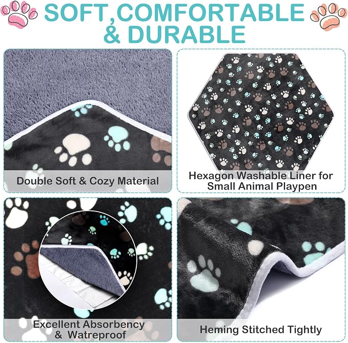 Preboun 4 Pcs 47 in Guinea Pig Playpen Pad Waterproof Hexagon Mat Reusable Dog Playpen Liner for Small Animal Rabbit Cage Tent Pee Pad Washable Yard Fence(Black Paw)