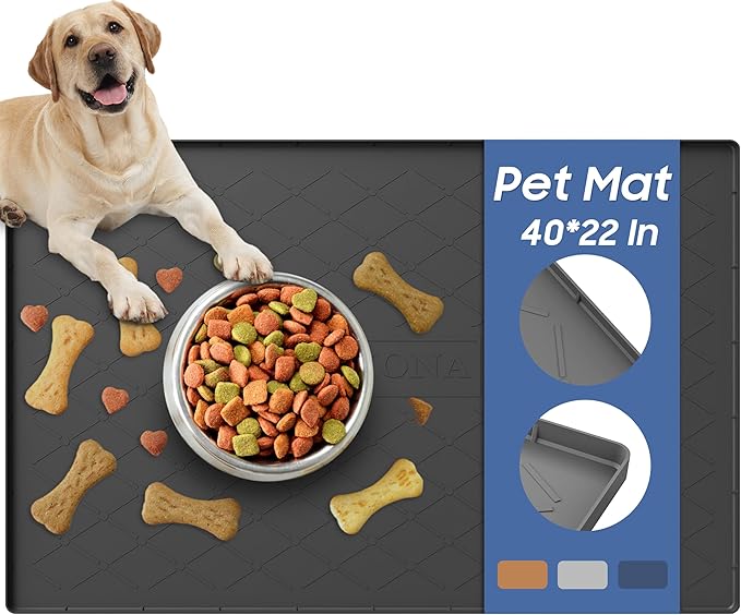 URMONA Large Dog Food Mat, 40" x 22" Pet Food Mat, Waterproof Dog Cat Food Mat with Raised Edges, Silicone Pet Food Mat, Dog Accessories, Prevents Food Spills, Protects Floors (Black)