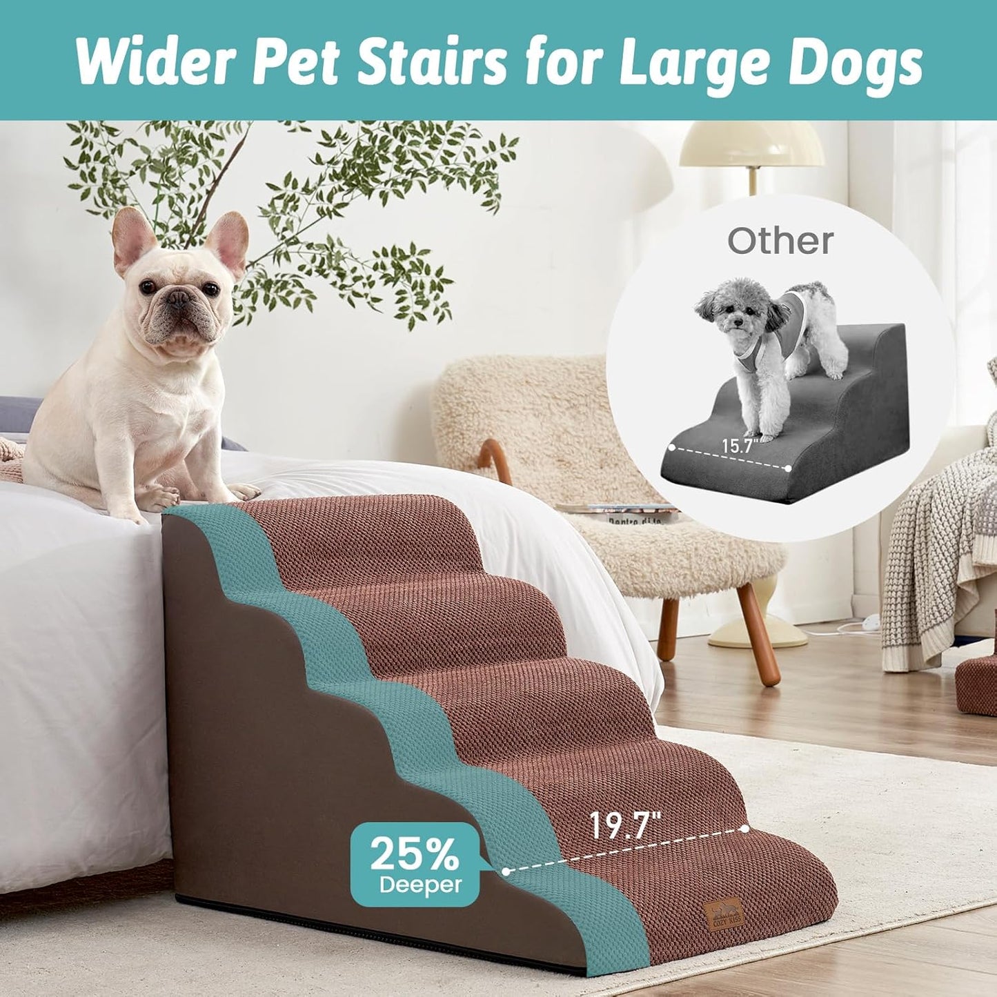 Extra Wide Dog Stairs 19.7" Width, Large Pet Step for Small Medium Dog, Puppy or Cat, Ramp for High Bed or Car, High Density Foam Ladder, Stable, 5 Step, 19.7x33x22.4 inch, Brown