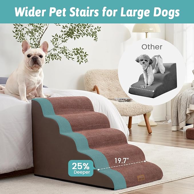 COZY KISS Extra Wide Dog Stairs 19.7" Width, Large Pet Step for Small Medium Dog, Puppy or Cat, Ramp for High Bed or Car, High Density Foam Ladder, Stable, 5 Step, 19.7x33x22.4 inch, Brown