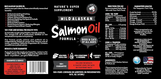 Wild Alaskan Omega-3 Blend Pollock + Salmon Oil for Dogs & Cats (16oz). 100% Pure Fish Oil Supplement with EPA & DHA for Joints, Skin & Coat, Itching, Shedding, Immune & Heart. Tasty & Easy to Give.