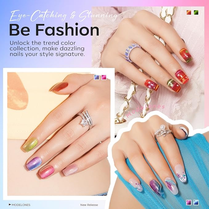 modelones 32 PCS Gel Nail Polish Set, 28 Colors Cat Eye Gel Polish with No Wipe Base Coat, Glitter & Glossy & Matte Top Coat Magnet Glitter Sparkle Off LED Nail Art Kit Salon at Home