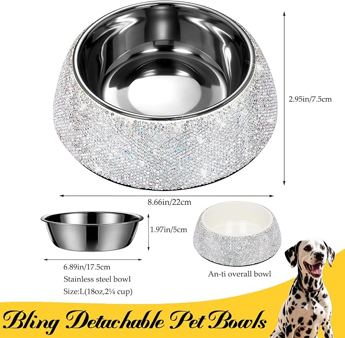 SlowVibes Bling Stainless Steel Dog Bowls,18oz Detachable Rhinestone Metal Food Water Bowl for Feeding Dogs Cats,Rust Resistant Non-Slip Puppy Dish,Sparkle Essentials for Small Medium Large Girl Pets