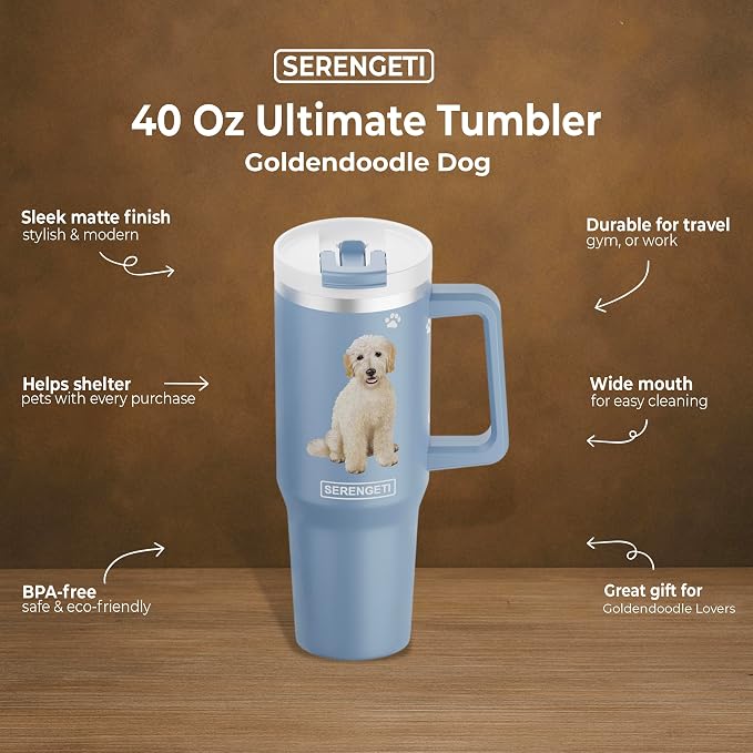SERENGETI 40 Oz Ultimate Tumbler with Handle and Straw - Vacuum Insulated Tumbler with Straw and Lid - Stainless Steel Travel Mug for Pet Lovers - 3D Designs of your favorite Dog (Goldendoodle)
