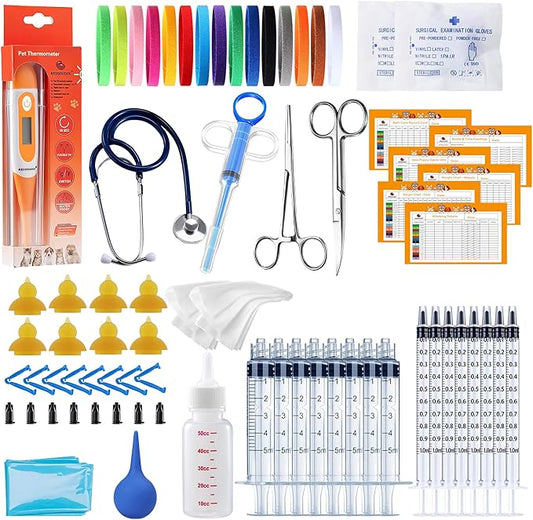 REDDOUDOU 65 Pcs Deluxe Whelping Kit, Delivery of Kitten and Puppy Whelping Kit with Feeding Nipple Stethoscope Aspirator Puppy ID Bands etc Complete Full Kit