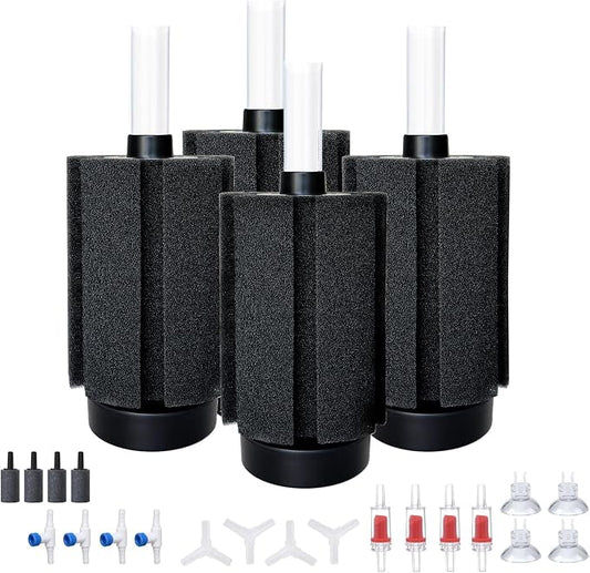 ALEGI 4pcs Large Aquarium Sponge Filter with Suction Cups, Check Valves for Breeding Fry Betta Shrimp Fish Tank ((Upgrade) 20-50 Gal 4 Pcs)