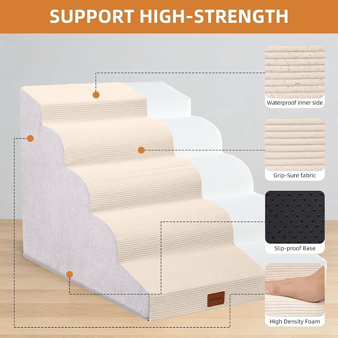 Dog Stairs for Large Dog, 22.6" H, 5-Step Pet Steps for High Bed Couch Sofa and Chair, Non-Slip Pet Ramp for Injured & Senior Pets with Washable Cover and Durable High Density Foam,Beige