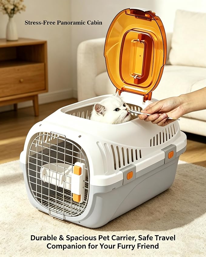 Cat Carrier Airline Approved, Portable Pet Travel Crate with Anti-Stress Design for Cats & Small Dogs, Car Safe Kennel with Top Window (Grey)