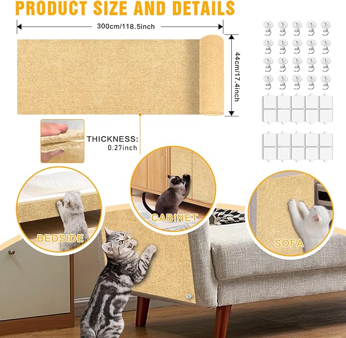 Cat Scratch Mat,118.5"x17.4" Trimmable Self-Adhesive Cat Scratch Furniture Protector, Sticky Cats Scratcher Wall Mat, Covering Cat’s Tower, Couch Protector from Cats Claws (Beige)