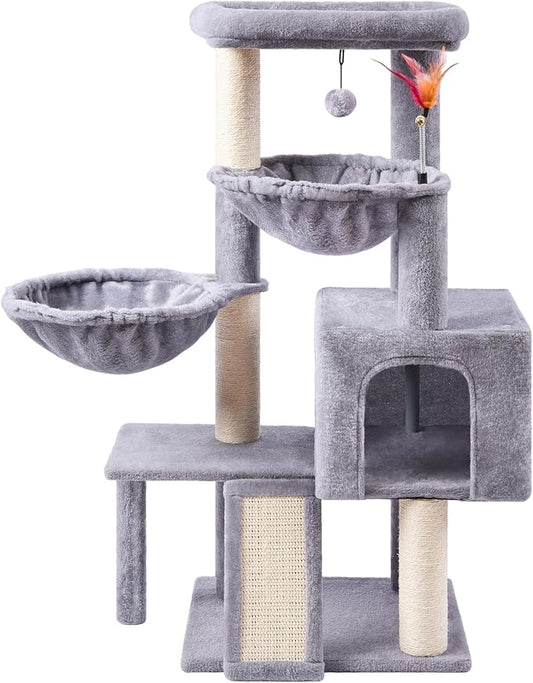Cat Tree with Cat Condo and Two Hammocks, Cat Tree with Scratching Posts and Scratching Pads, Cat Tower for Indoor Cats, Activity Centre Climbing Tree with Playful Toy Balls, Grey