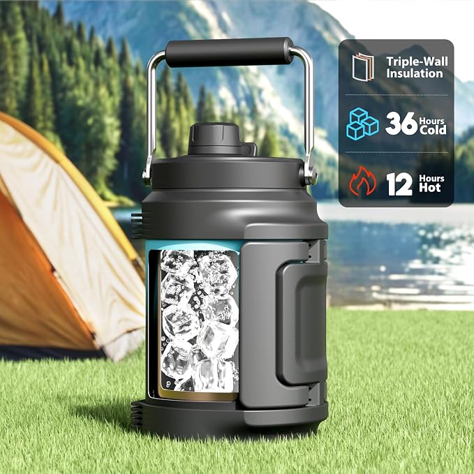 64 oz Insulated Water Bottle for Gym: Meoky Triple Wall Vacuum Stainless Steel Half Gallon Water Jug - Top and Side Handles, 2-in-1 Straw and Spout Lid, Cold for 36 Hrs, Leak Proof for Camping (Cyan)