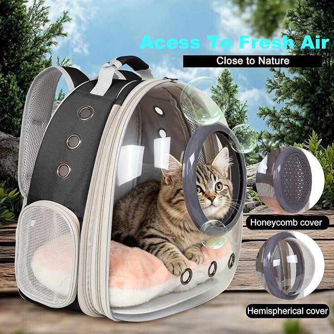 Front Extension Cat Backpack Carrier, Pet Travel Backpack for Kitten and Small Dogs, Clear Bubble Window Space Capsule Astronaut Liked Portable Vet Visit Book Bag Airline Approved