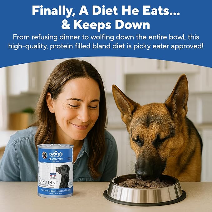 Dave's Pet Food Bland Diet Dog Food (Chicken & Rice), Sensitive Stomach, Easy to Digest Pate, Gluten-Free, Digestive Care, Low Fat (6%) Limited Ingredients, Complete & Balanced, 22 oz (12 Pack)