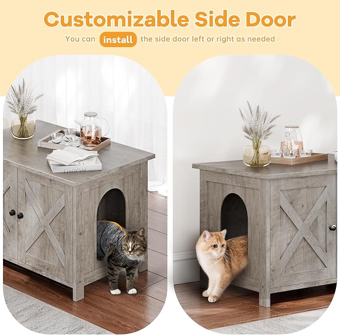 Shintenchi Cat Litter Box Enclosure, Litter Box Furniture Cabinet Hidden with Removable Divider, Wooden Cat House with End Table, Grey, 30.5 inch